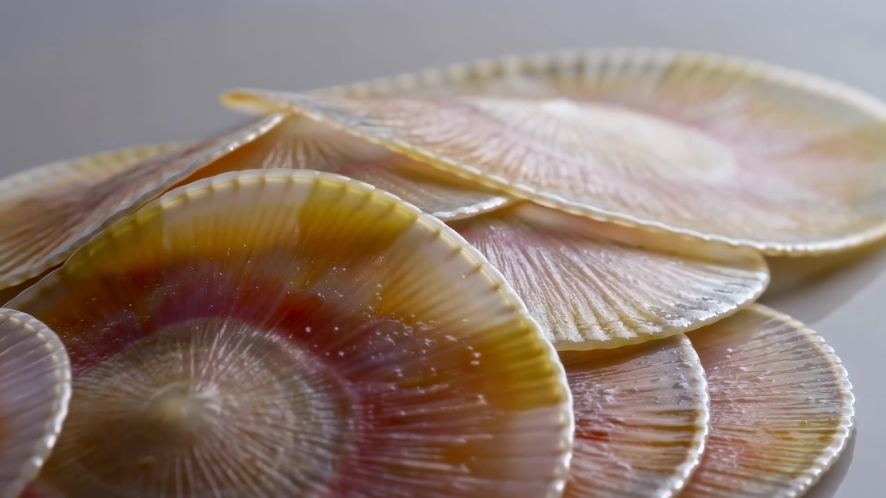 This video showcases a top-down view of seashells neatly stacked and arranged, creating a calming and neutral indoor decor piece. The beige and yellow tones of the shells complement.