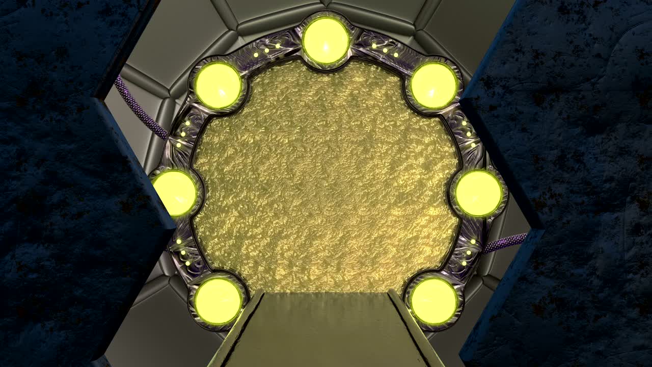 железный ржавый люк открывает панорамный вид на пейзажную сцену космического корабля. 3d абстрактный фон научно-фантастического коридора с порталом. футуристическая технология абстрактная vj для технических названий и фона.