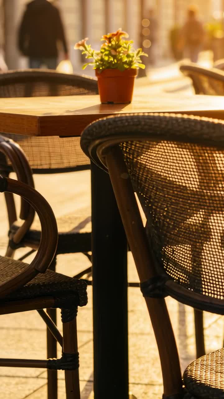 Tavolo e sedie vuoti di un caffè all'aperto immersi nella luce solare dorata