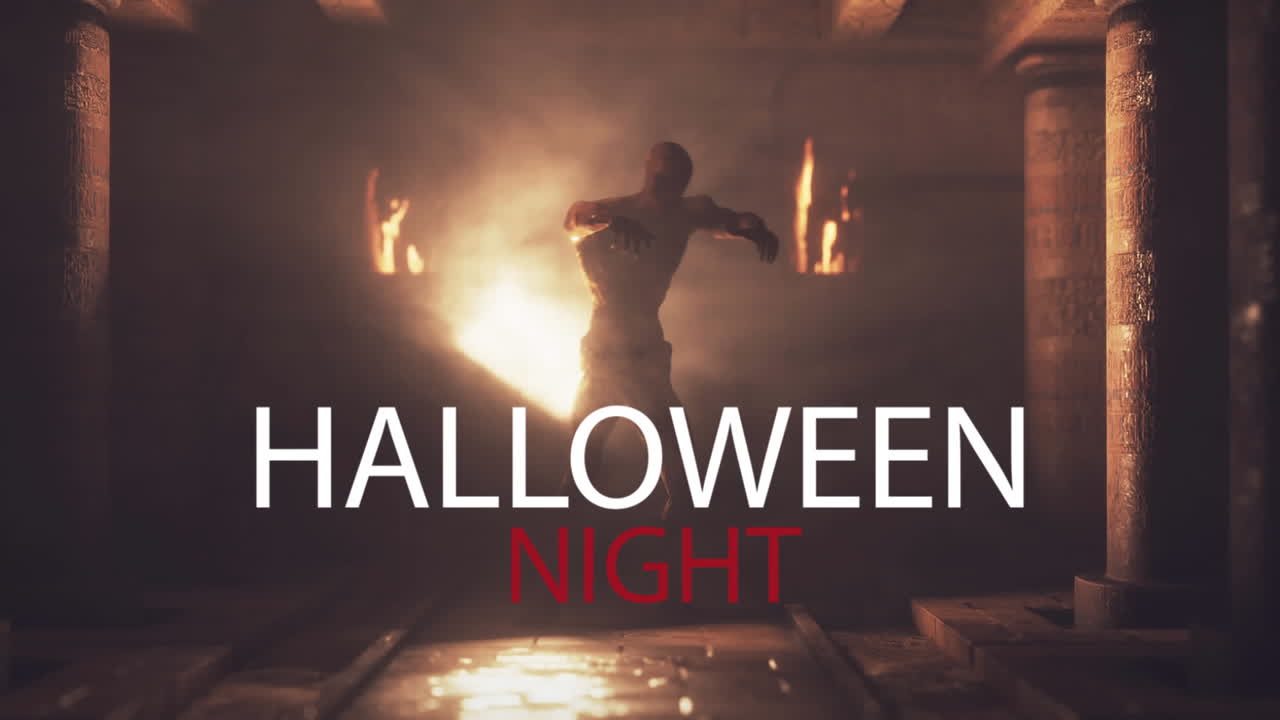 animación del texto de la noche de halloween sobre la caminata de zombis