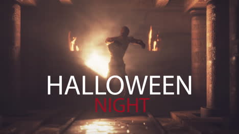 animación del texto de la noche de halloween sobre la caminata de zombis