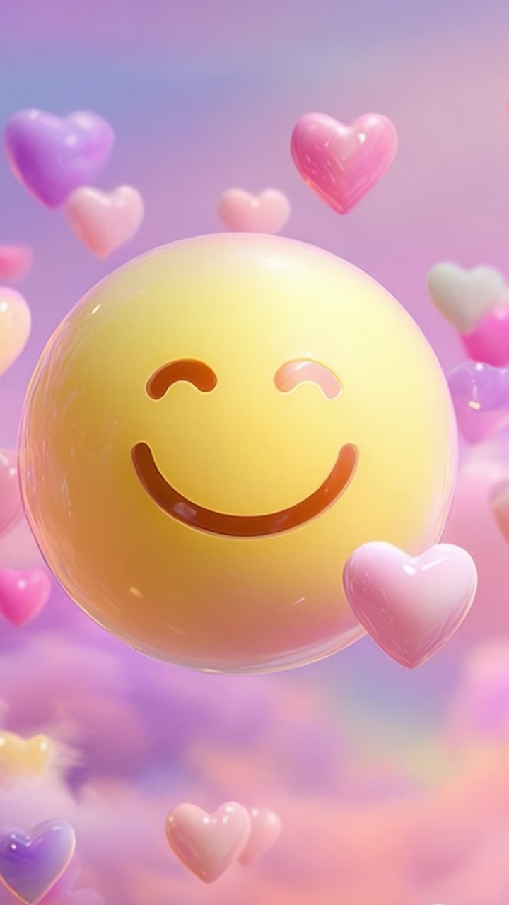 Una faccina sorridente allegra circondata da cuori rosa fluttuanti in un cielo pastello sognante, creando un'atmosfera gioiosa e stravagante di amore e felicità.