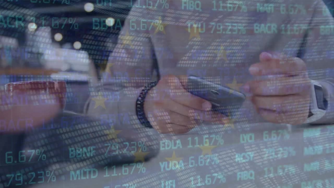 결제 터미널에서 결제하는 백인 남성에 대한 금융 데이터 처리 애니메이션