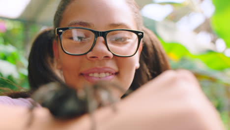 Happy,-nature-and-girl-face-with-spider-on-arm