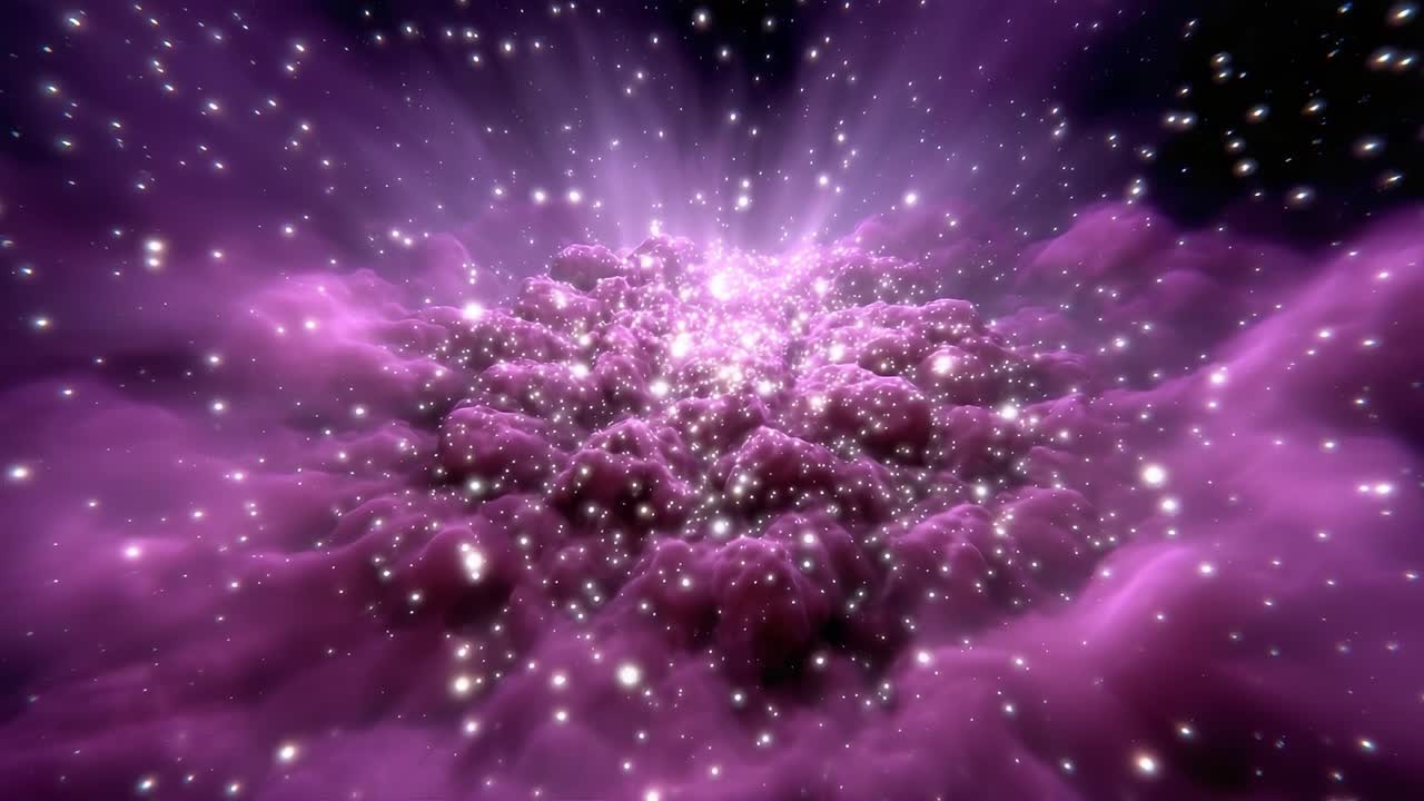 A Stunning Cosmic Explosion: Glimpses of a Vibrant Nebula with Dazzling Stars and Luminous Clouds Filling the Universe in a Mesmerizing Purple Hue