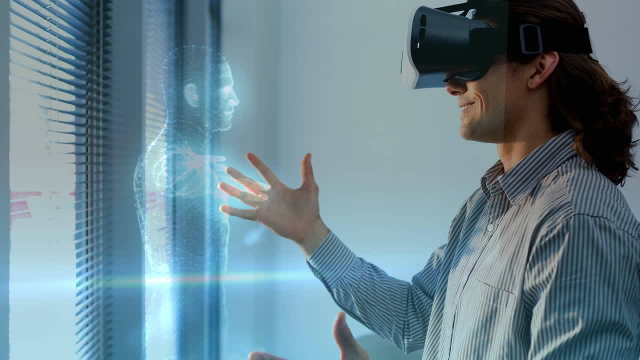Using virtual reality headset, man interacting with holographic human body animation