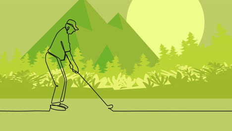 animation of drawing of male golf player over landscape