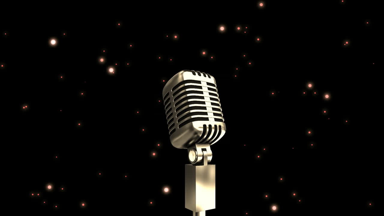 animación del micrófono sobre manchas blancas en un patrón sin costuras sobre fondo negro con espacio de copia