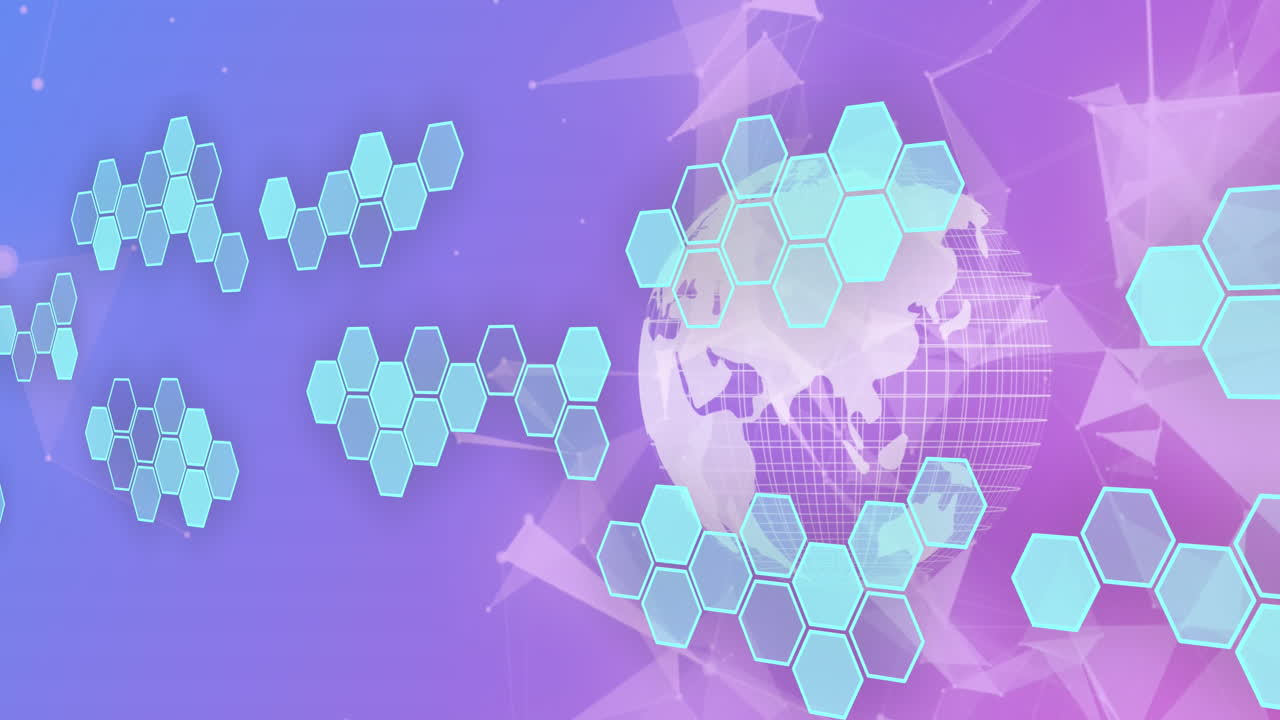 보라색 배경 위에서 움직이는 모양과 지구의 애니메이션