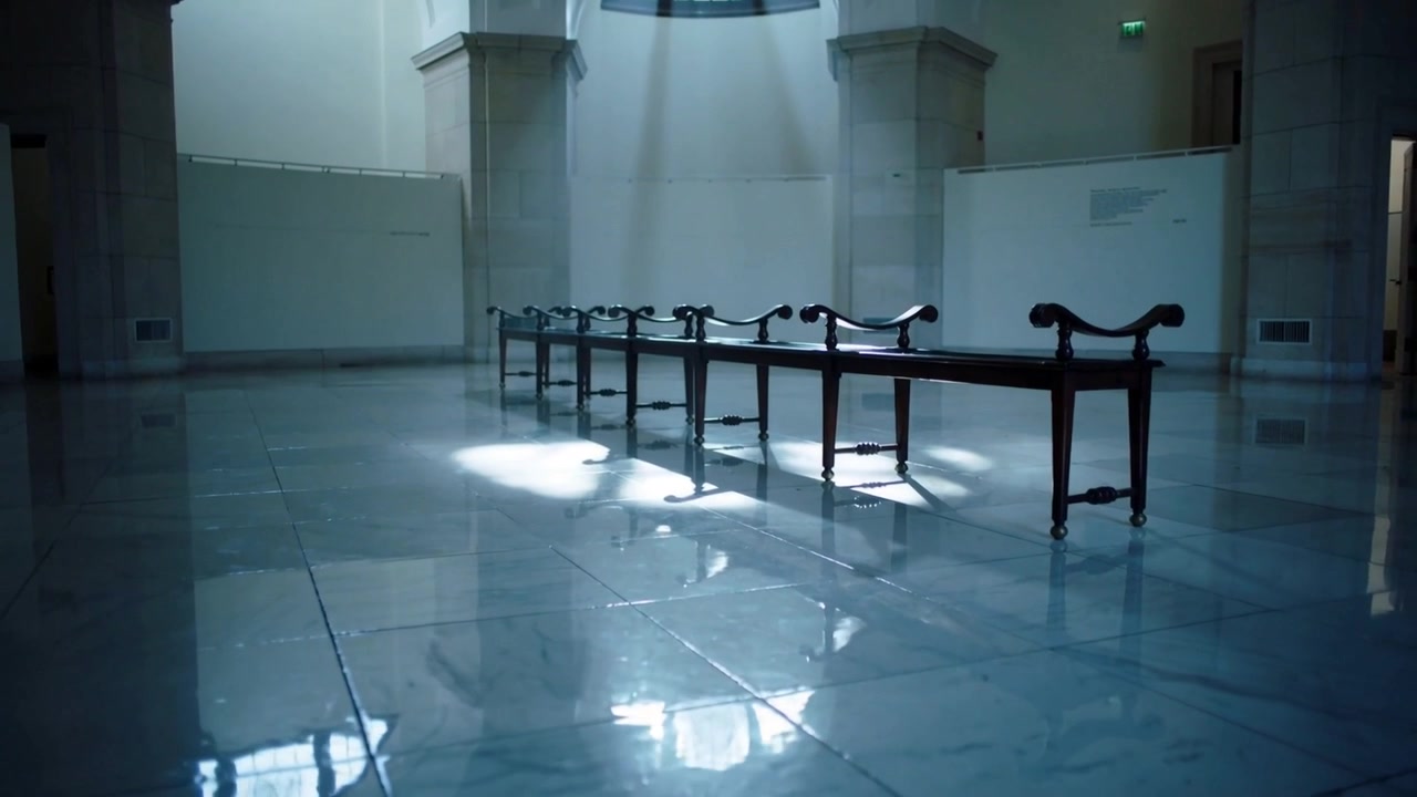 Moving camera showing sunlight from arches sweeping floor and long bench at museum revealing glint