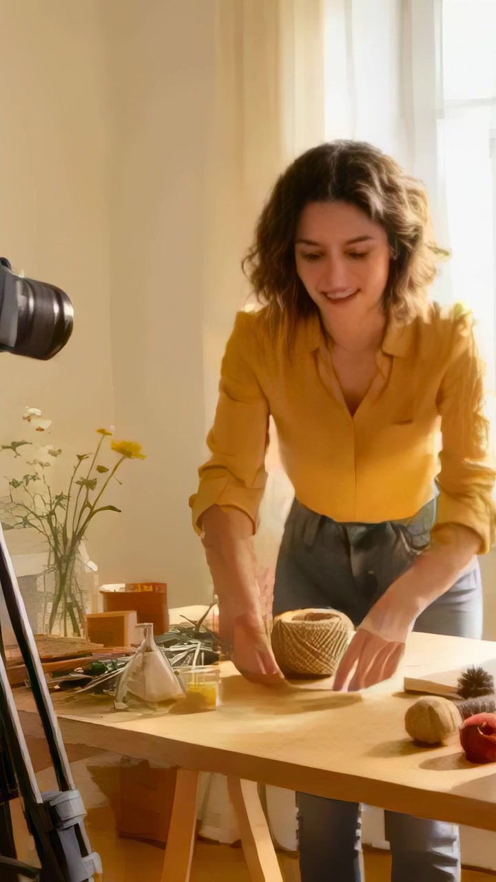Vertical video: Organizing crafter prompted by tripod arranging twine on worktable, mustard shirt