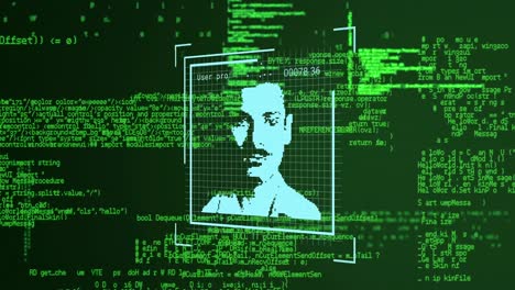 animación del procesamiento de datos y fotos del usuario en pantalla digital verde
