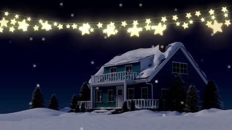 Animación-De-Nieve-Que-Cae-Y-Luces-De-Cadena-De-Estrellas-Navideñas-Sobre-Una-Casa-Cubierta-De-Nieve.