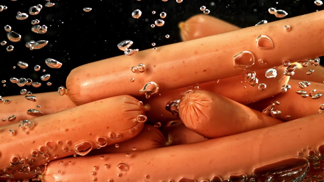 Primo piano di hot dog che bollono in acqua con bolle che salgono.
