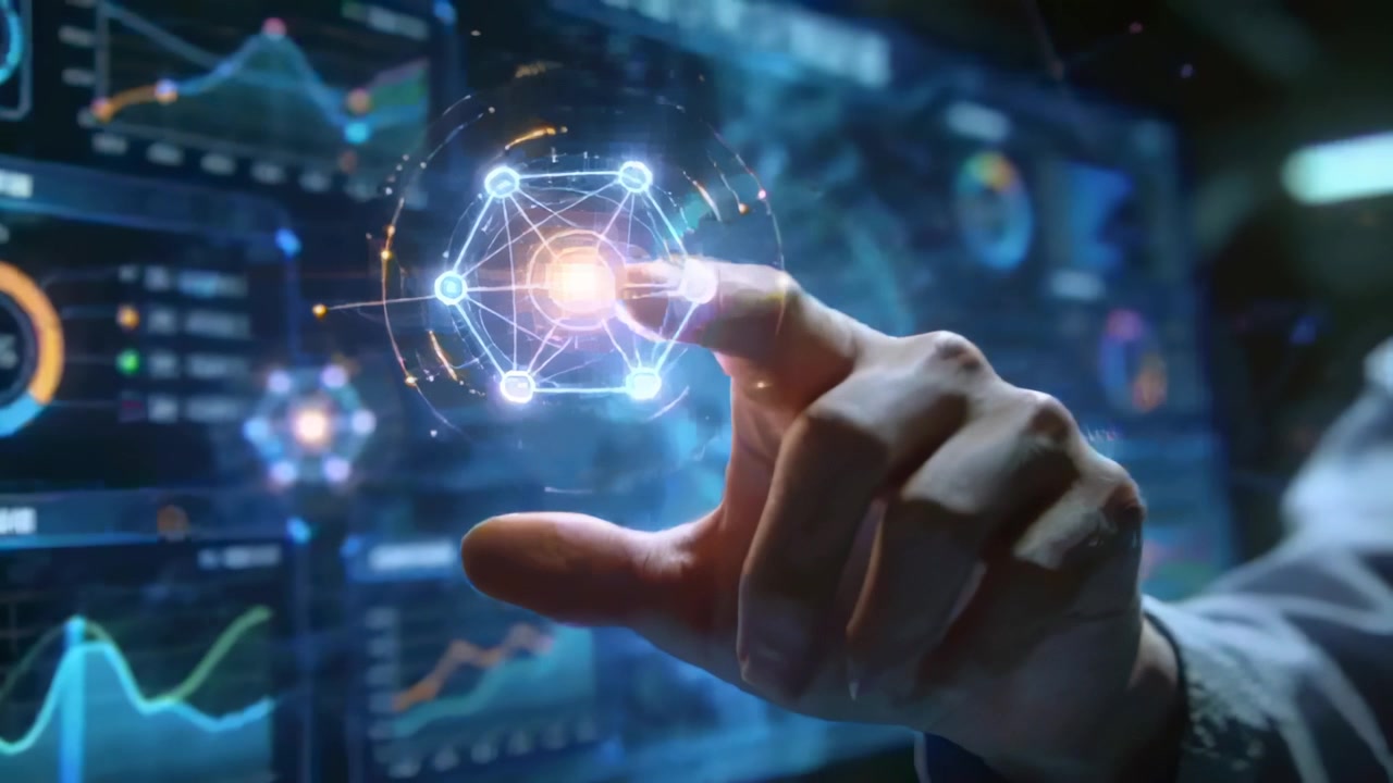 Reaching right hand with cuff pinching glowing holographic sphere at data wall, activating gauges
