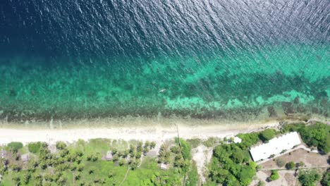 Aerial-top-down-of-crystal-clear-pacific-ocean,sandy-beach-and-sunlight-reflection-during-beautiful-day