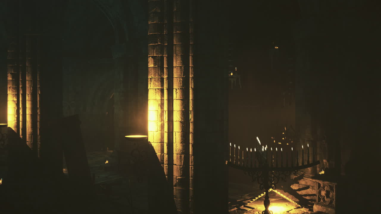 Mystical underground chamber illuminated by flickering candlelight in ruins
