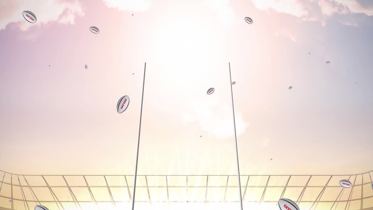 경기장에서 잉글랜드 텍스트가 새겨진  ⁇ 색 럭비 공의 애니메이션