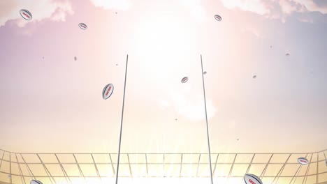 Animation-of-white-rugby-balls-with-england-text-at-stadium