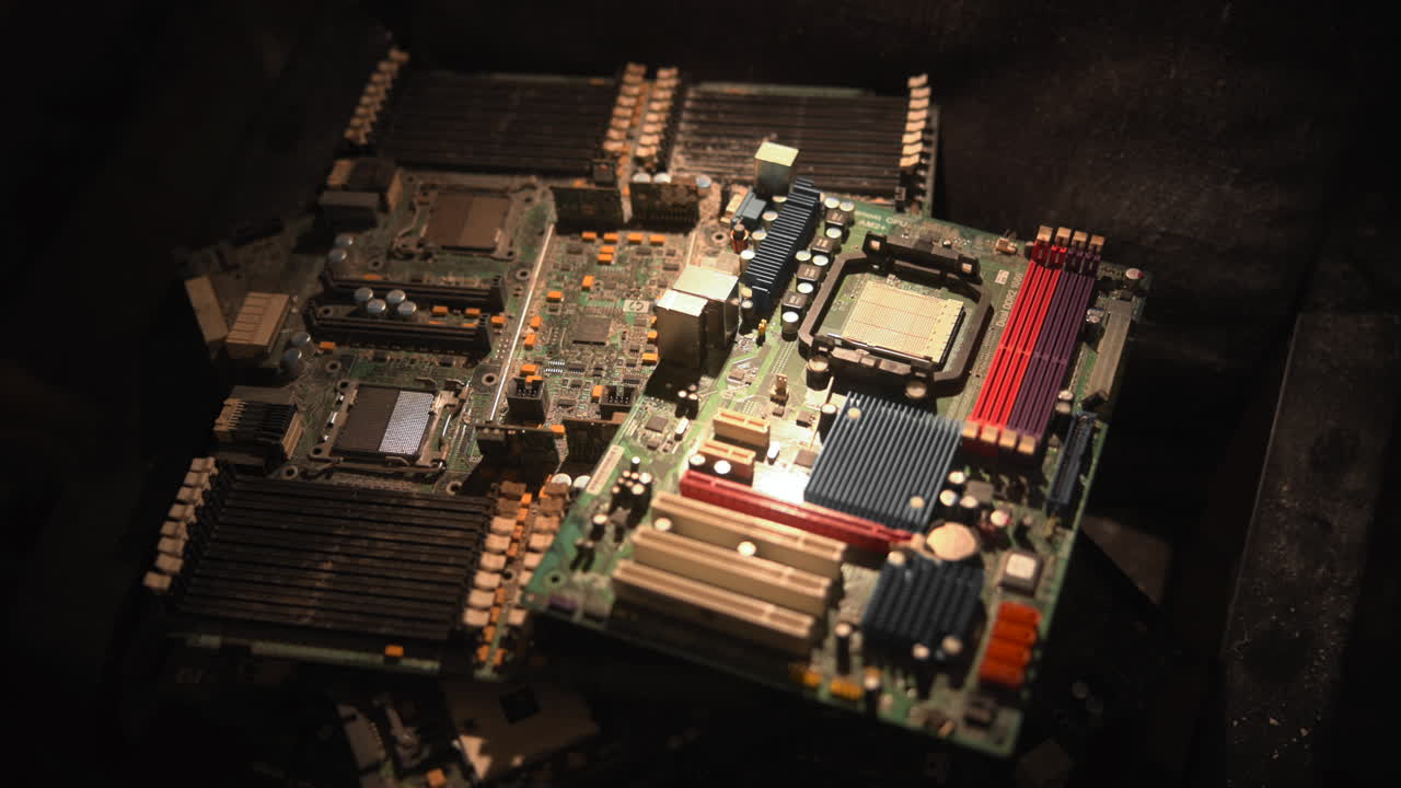 Closeup Motherboard On Black Cloth Showing Vintage Chipset, Sockets And Ram Slots Restorer Role Documenting. Media