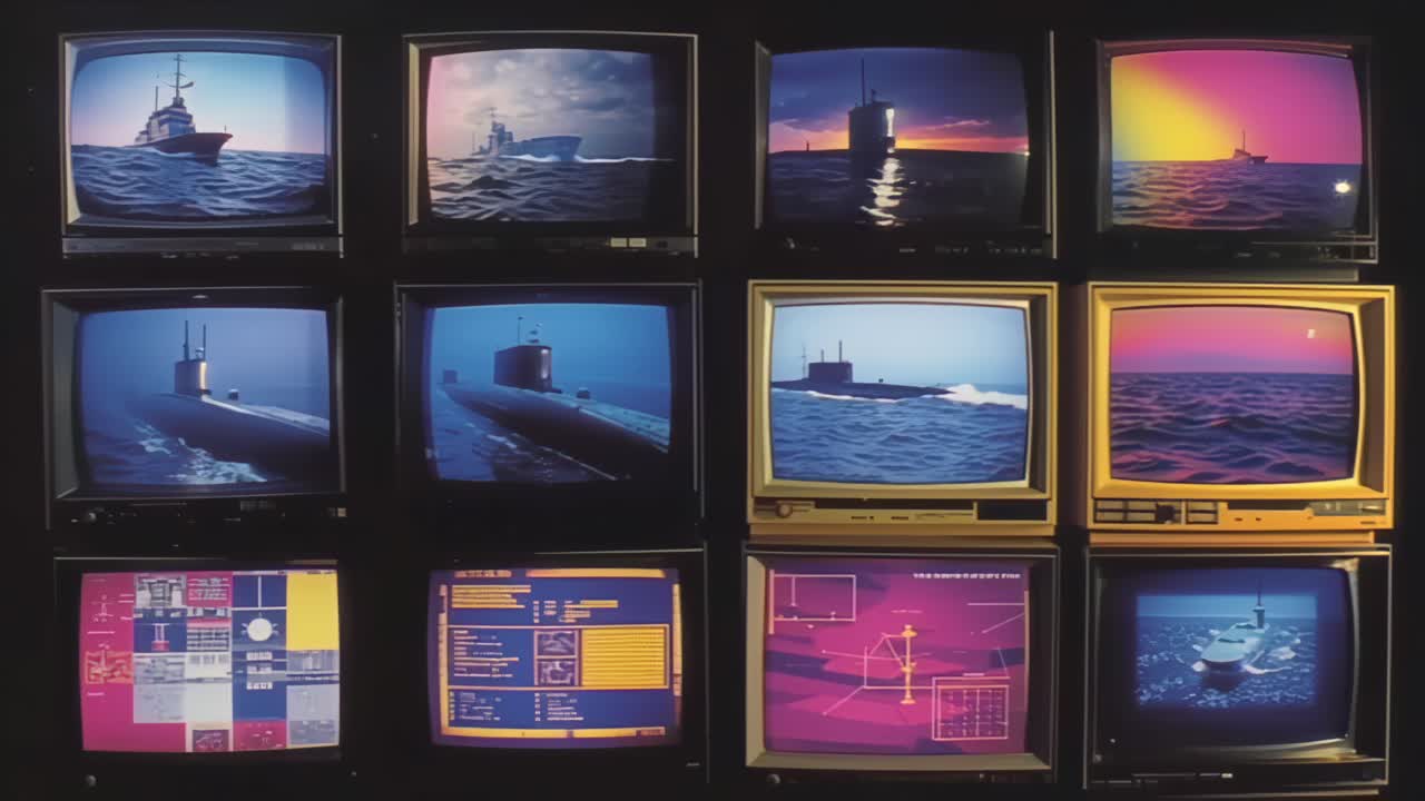 Multiple vintage CRT screens display submarines, warships and ocean scenes with colorful sunsets, creating a military surveillance and monitoring concept background