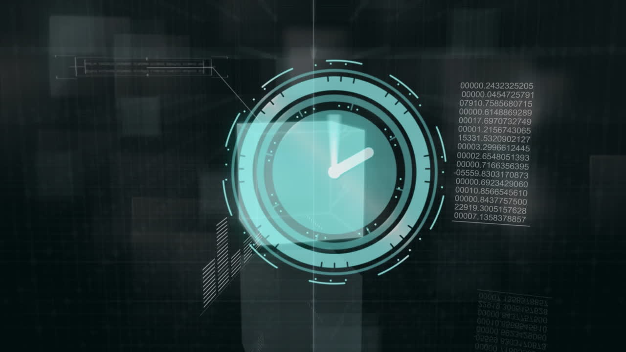 Animation of moving clock and data processing over squares on black background