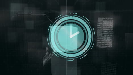 Animation of moving clock and data processing over squares on black background