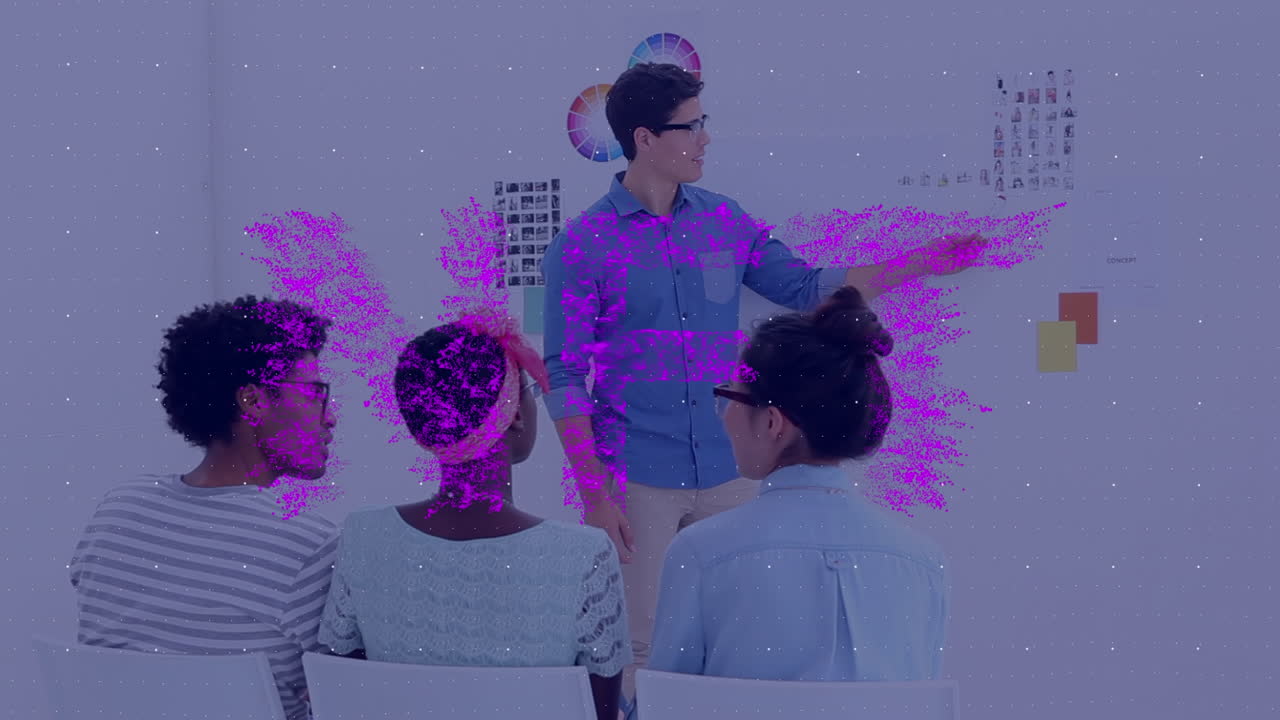 Animation of nft over diverse people having presentation in office