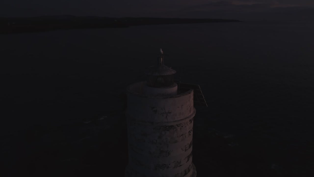 кинематографический воздушный снимок мигающего света маяка, птица чайка на вершине, сумерки