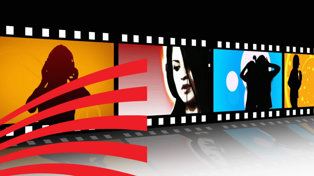 검은색 배경에 있는 필름 릴 위에 움직이는 빨간색 줄무 ⁇ 의 애니메이션