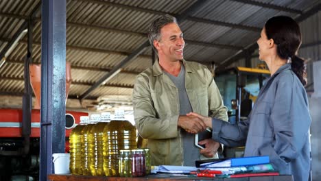 workers shaking hand in olive factory 4k