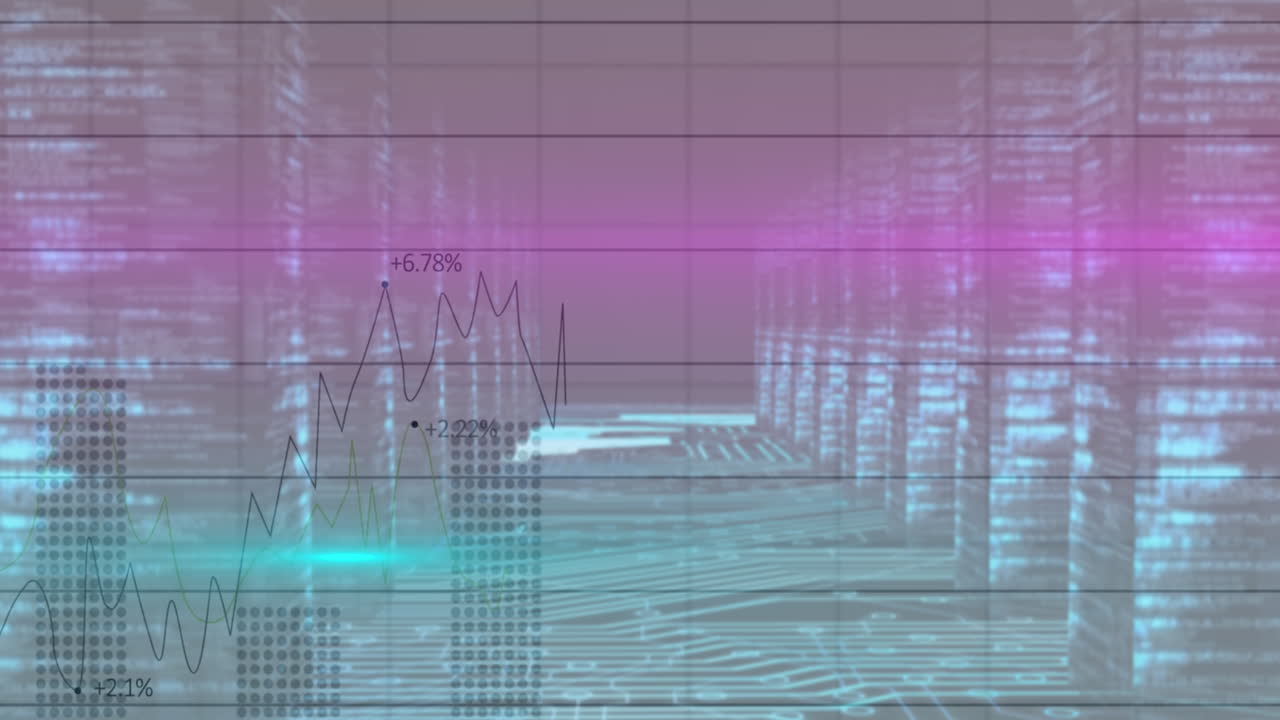 Animation of financial data processing over glowing computer servers
