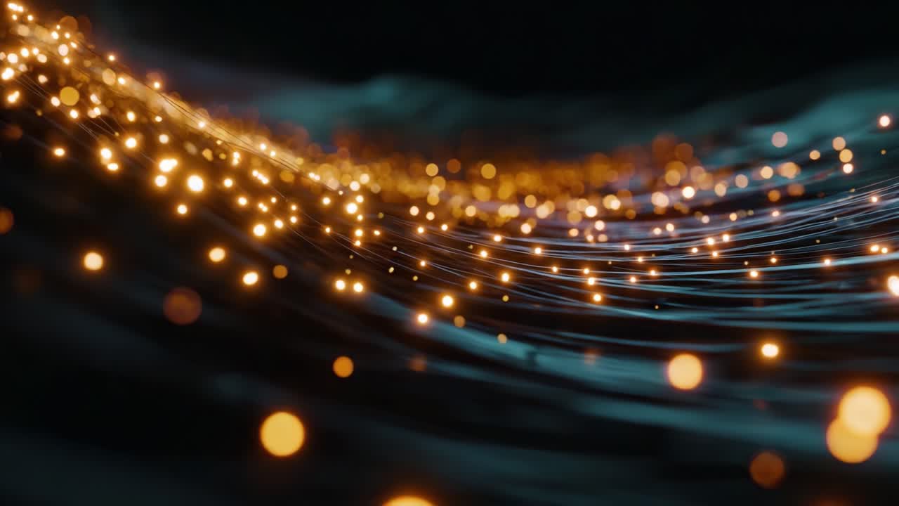 Flusso dinamico di luci scintillanti: una serena visualizzazione astratta di particelle illuminate che si muovono in una forma fluida, catturando l'essenza del movimento e della bellezza