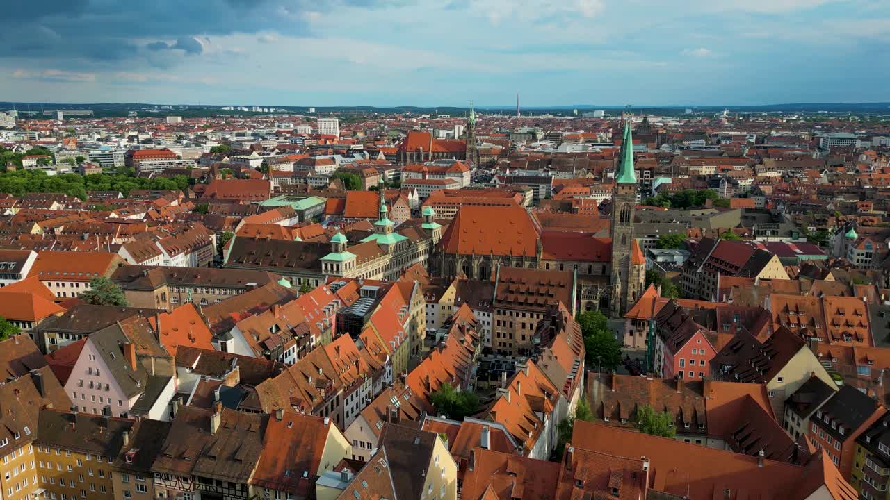 4K Aerial Drone Video of the Imperial Castle and the St. Sebald Church in Downtown Nurnberg, Germany