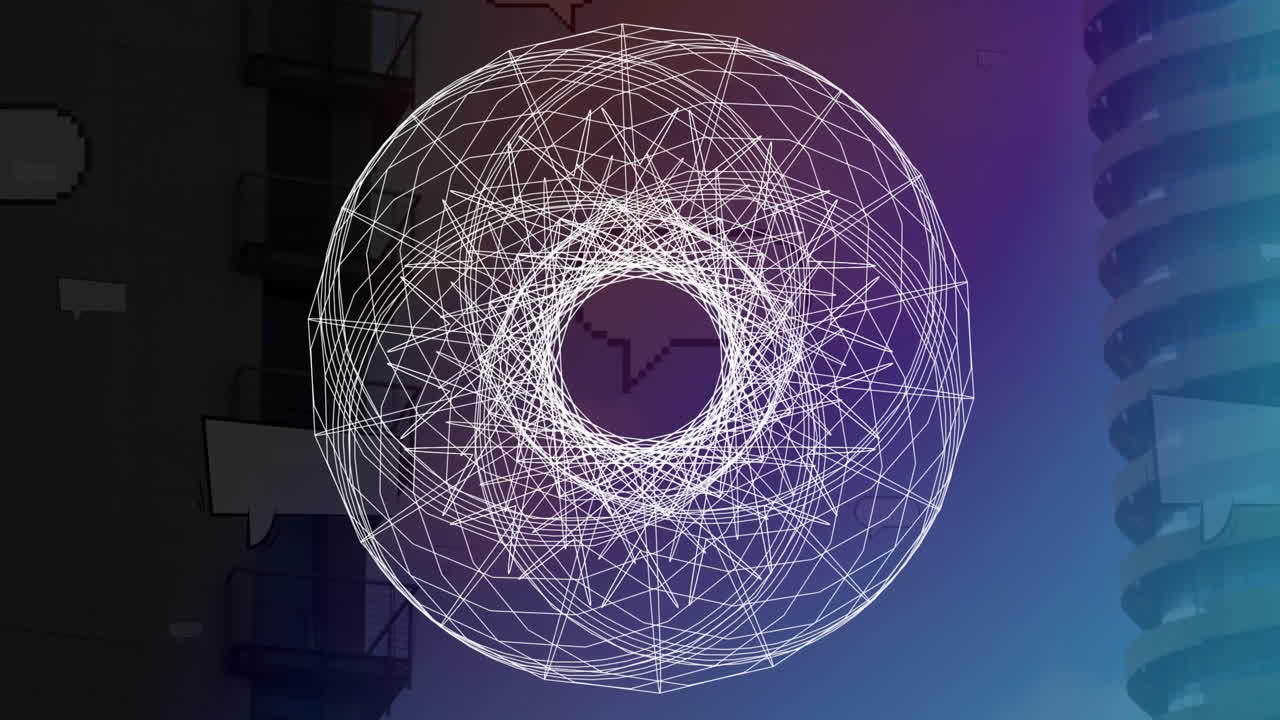 animación de formas geométricas giratorias sobre edificios