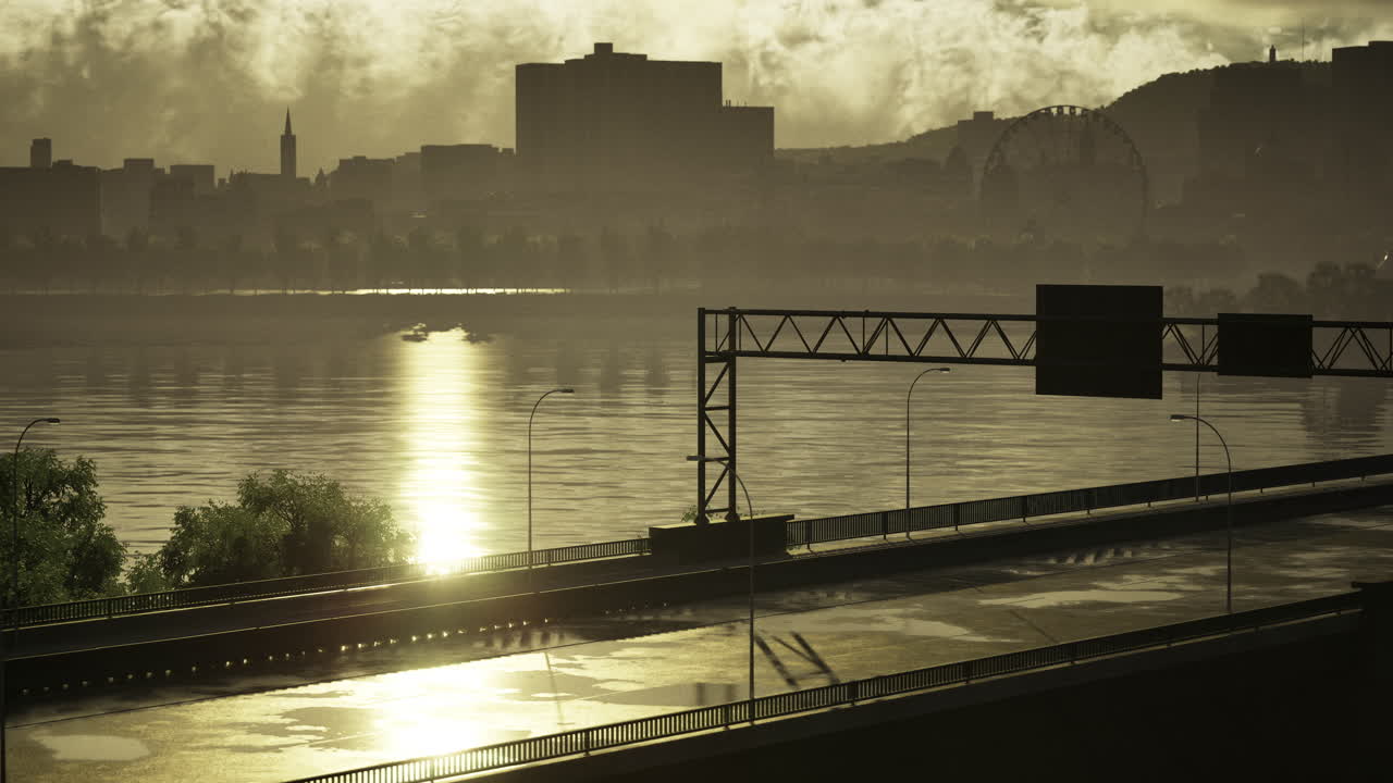 Serene waterfront view at sunset with city skyline in the background