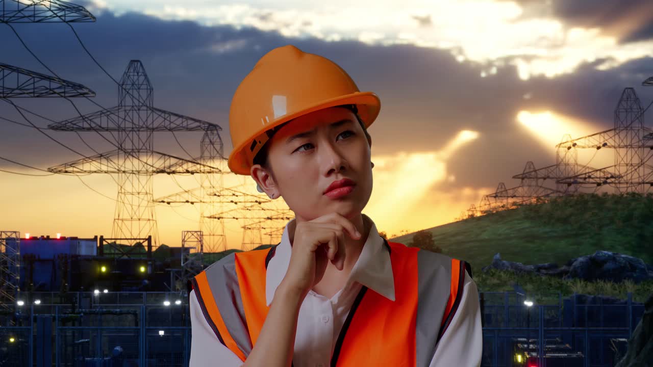 Close Up Of Asian Female Engineer With Safety Helmet Thinking And Looking Around Then Raising Her Index Finger While Standing Near High Voltage Tower