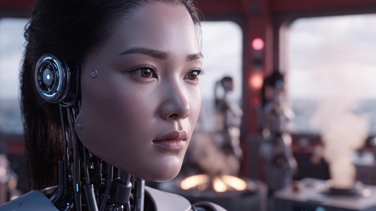 Tampilan close-up robot humanoid dengan fitur rumit, menyoroti kecerdasan buatan canggih dan ekspresi tenang dengan latar belakang futuristik