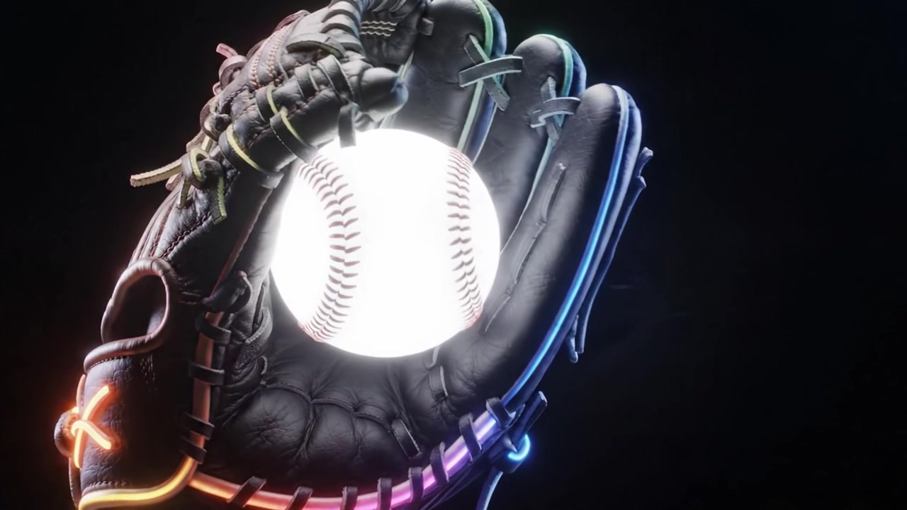 Immagini dinamiche di un guantone da baseball che culla abilmente una palla luminosa su uno sfondo scuro, catturando l'essenza del passatempo preferito d'America.