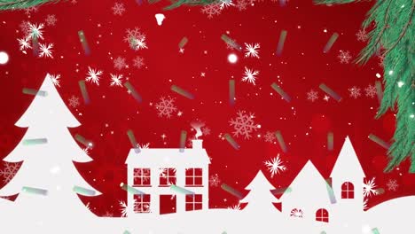 Animación-De-Copos-De-Nieve-Cayendo-Sobre-Casas-Vectoriales-Y-árboles-De-Navidad-Sobre-Fondo-Rojo