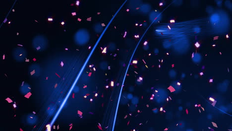 confetti falling animation over blue light streaks on dark background