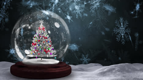 snowflakes falling over christmas tree in a snow globe on winter landscape against grey background