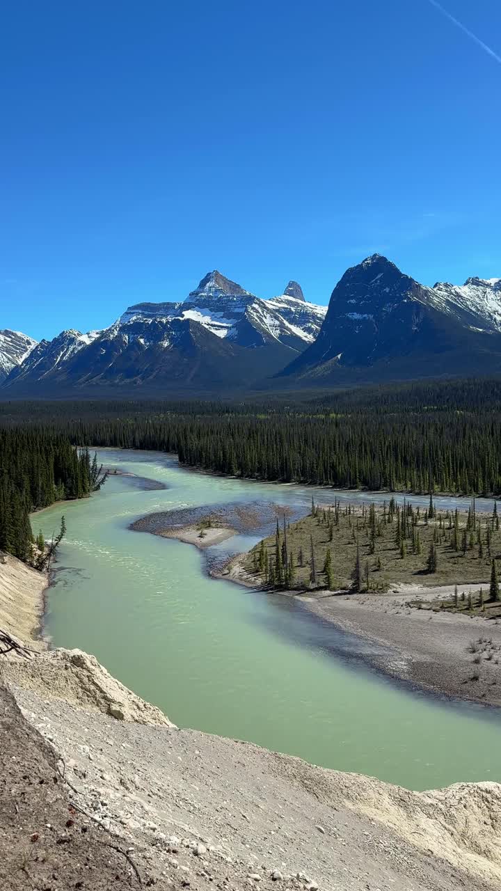 Athabasca River schlängelt sich durch Wälder mit schneebedeckten Rocky Mountains im Jasper-Nationalpark, Kanada
