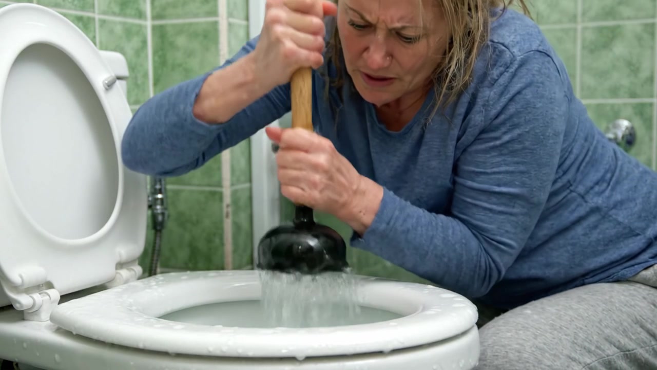 Frustrating Bathroom Dilemma: A Woman Struggles with a Clogged Toilet, Determinedly Using a Plunger to Clear the Obstruction in Her Home Bathroom