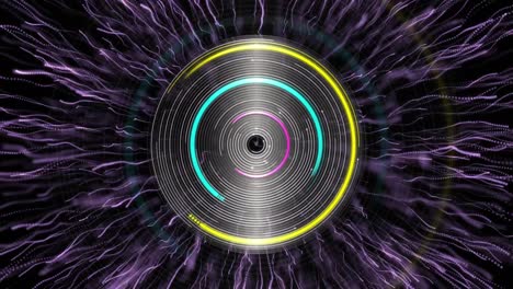 animation of explosion of purple light trails over spinning circles on black background