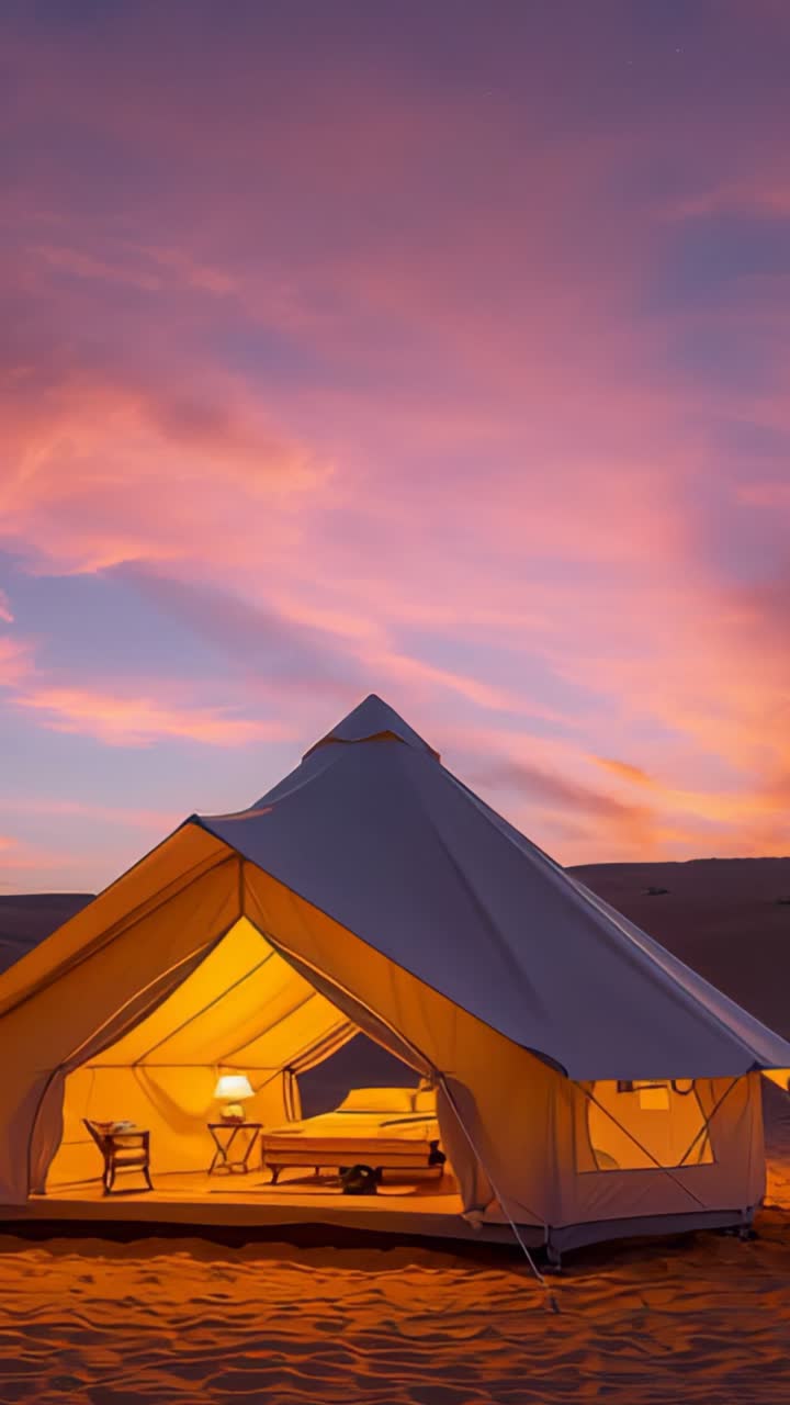 Vertical video: Recording camera capturing desert dusk glow, showing canvas glamping tent ambiance