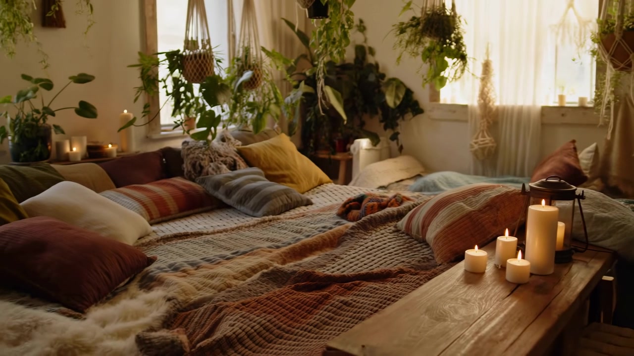 Accogliente camera da letto bohémien inondata di luce, santuario dell'artista con piante pendenti, tessuti a strati, panca in legno