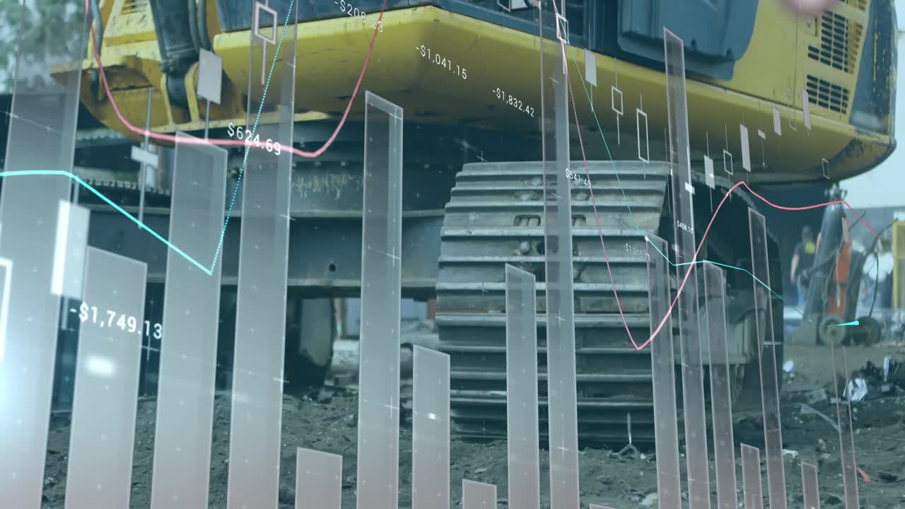 animación de múltiples gráficos con números sobre la sección media de la maquinaria del depósito de chatarra en el depósito de chatarra.