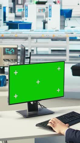 vertical video photovoltaics factory worker monitors system performance on green screen pc