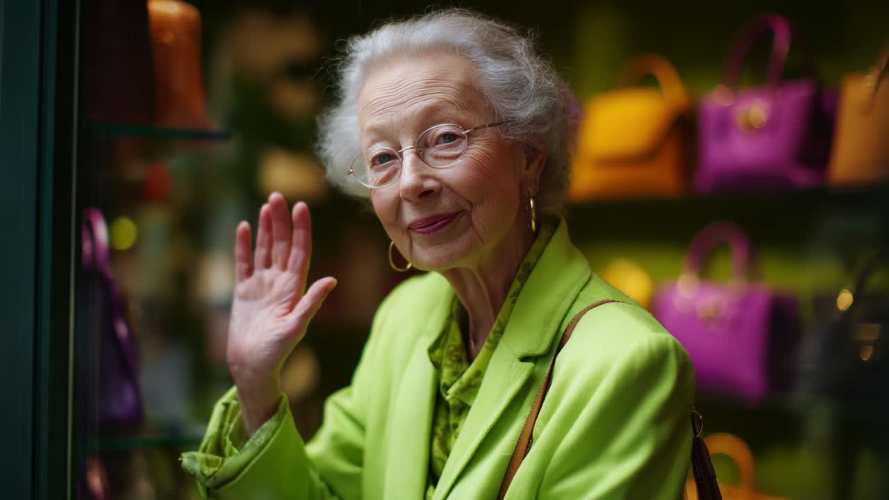 A Joyful Senior Woman Waves Cheerfully While Strolling by a Boutique Display Filled with Colorful Handbags, Radiating Warmth and Confidence in a Vibrant Green Outfit Complemented by Her Graceful Smile